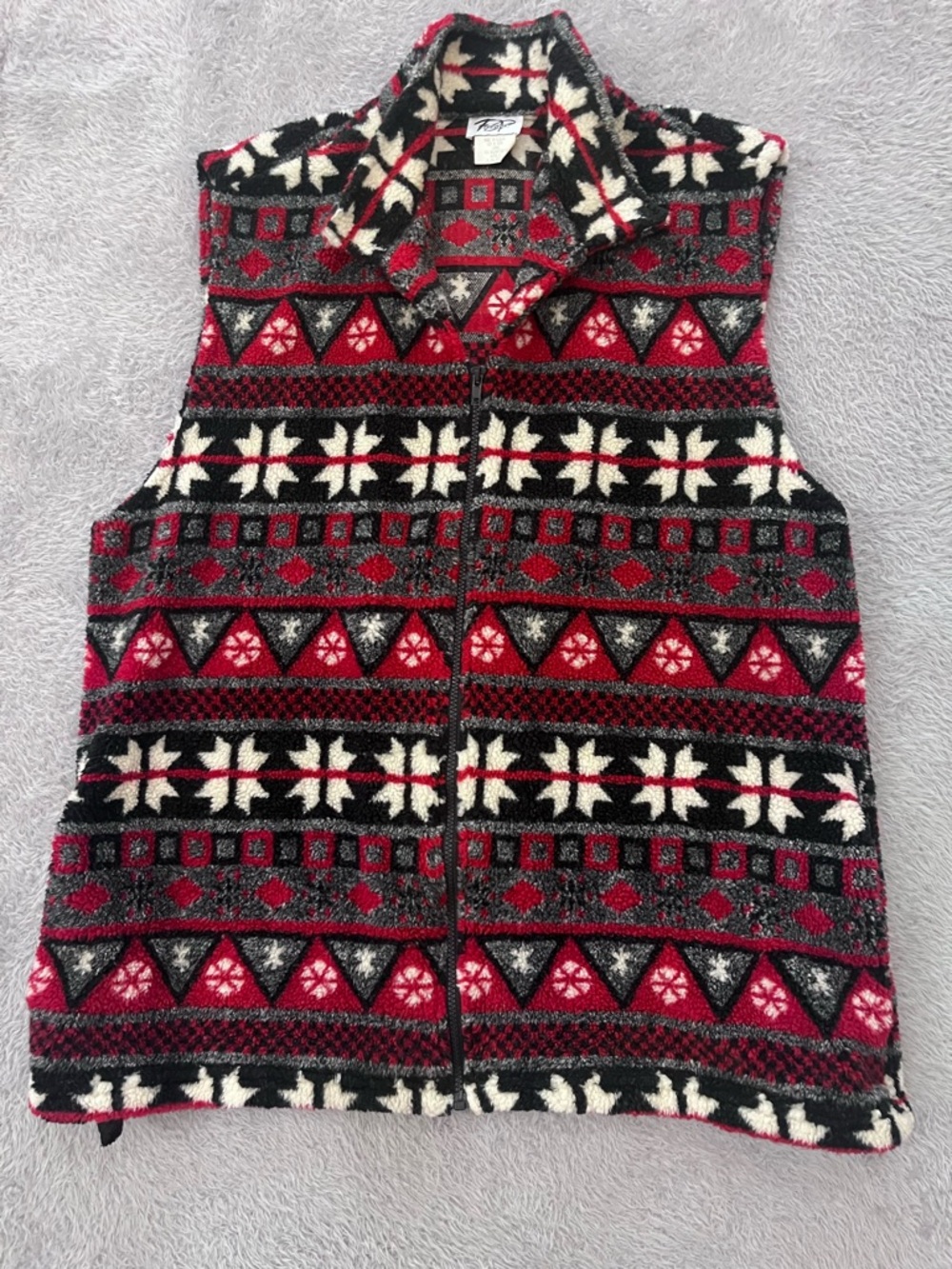Vintage Freestyle Red Black White Patterned Fleece Vest Made in USA